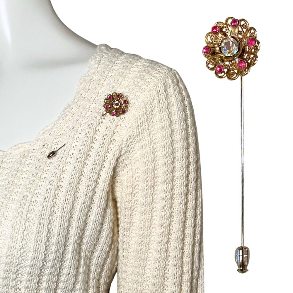 Vintage 60s Gold Tone AB Pink Rhinestone 3D Flower Stick Pin Retro Brooch 3.5”